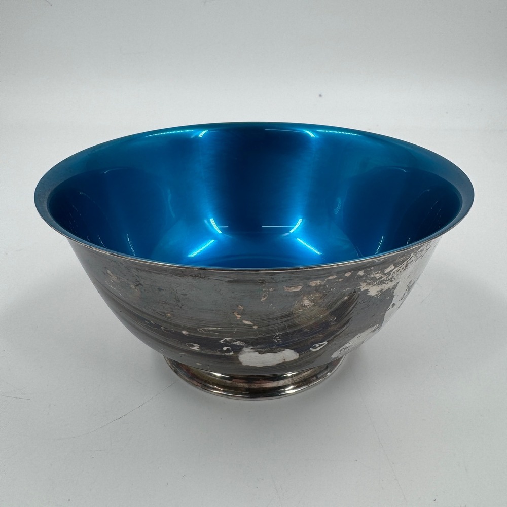 Wm A Rogers Paul Revere Bowl 7in Silver Blue Enamel Pedestal Footed Vintage